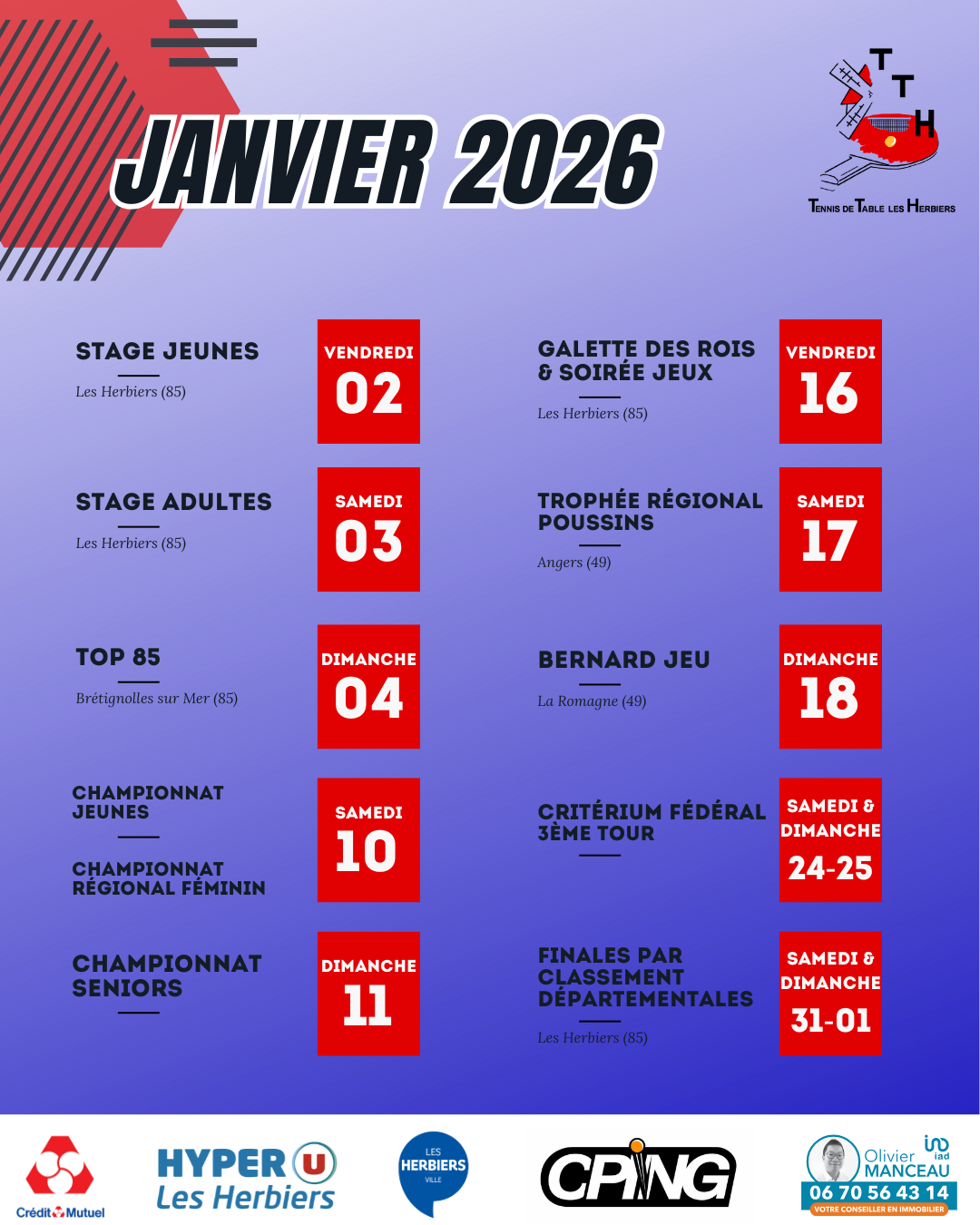 AGENDA DU MOIS : JANVIER 2026